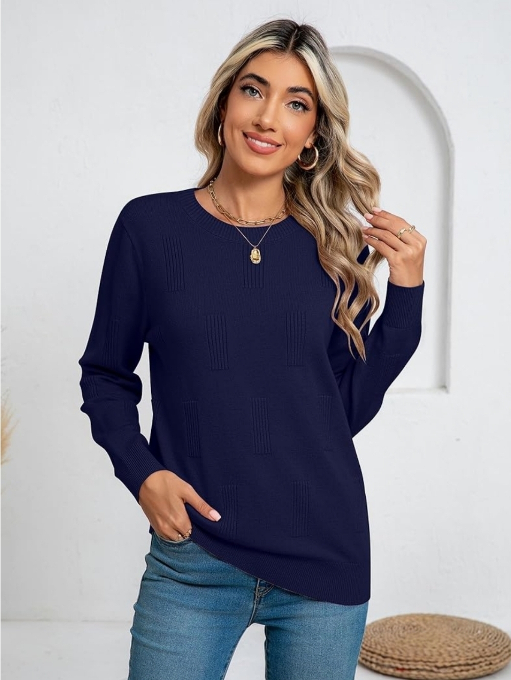 NEW Blue Sweater Crew Neckline Navy Fall Classic Long Sleeve Basic Sweater XXL